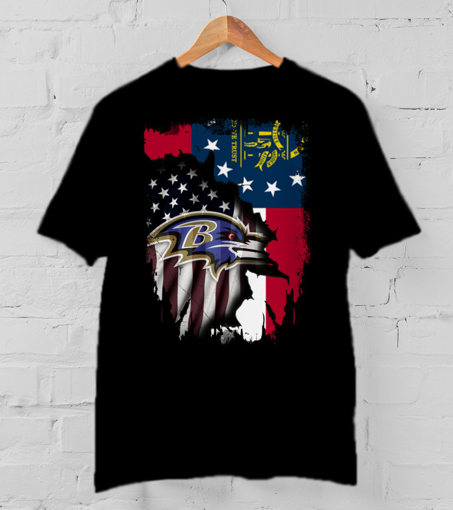 Georgia Flag With Baltimore Ravens American Flag Overlay T-Shirt