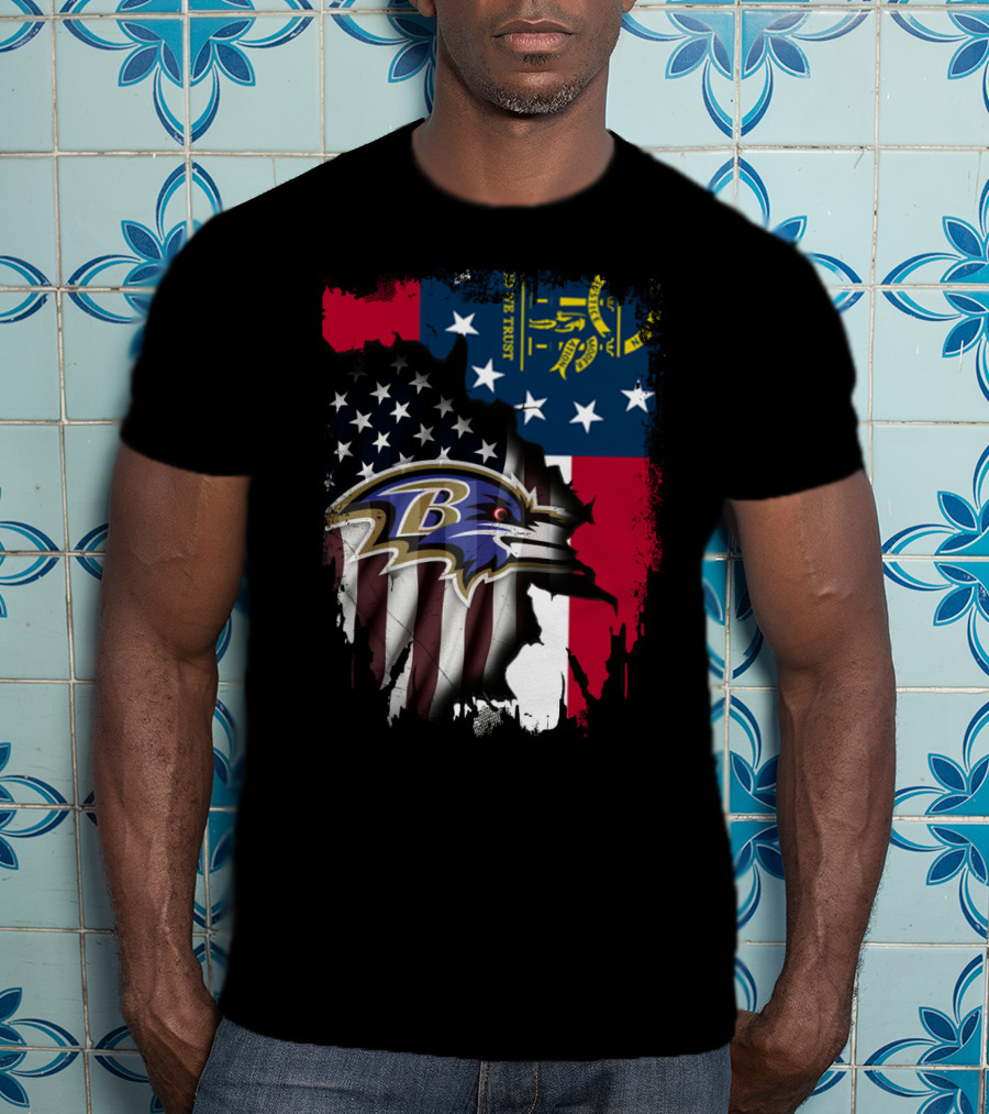 Georgia Flag With Baltimore Ravens American Flag Overlay T-Shirt