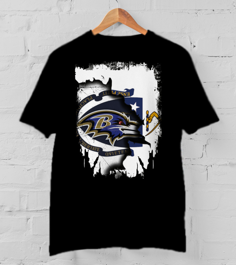 Massachusetts Flag Rip With Baltimore Ravens T-Shirt