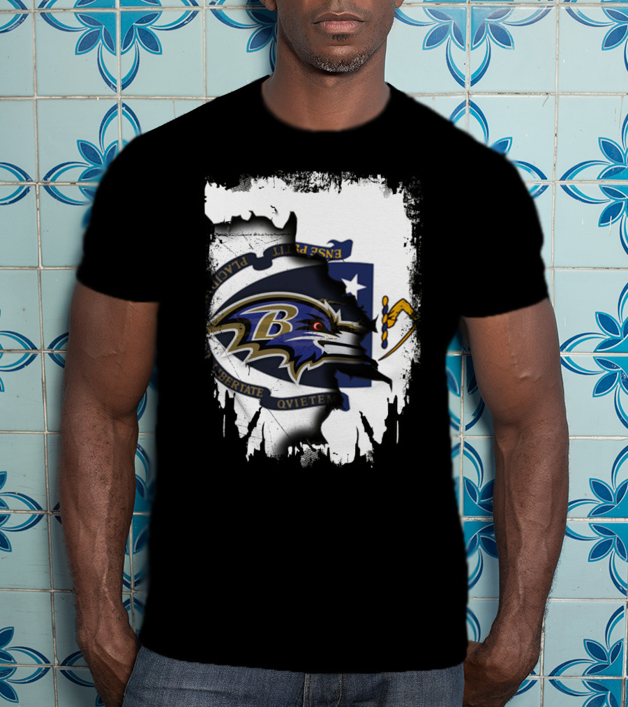 Massachusetts Flag Rip With Baltimore Ravens T-Shirt