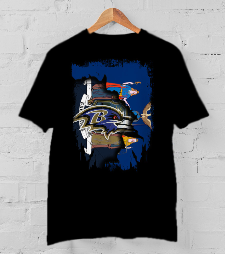 New York State Flag With Baltimore Ravens Logo Collaboration T-Shirt
