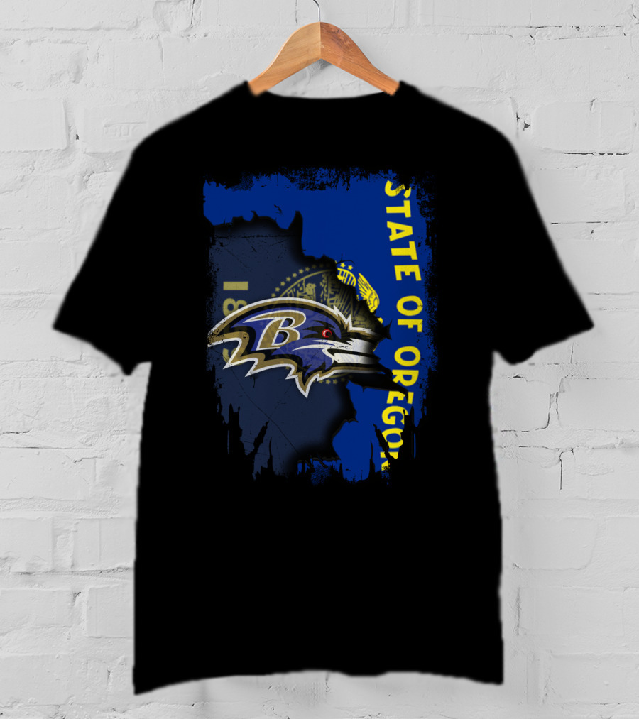 State Of Oregon With Baltimore Ravens Logo Overlay T-Shirt