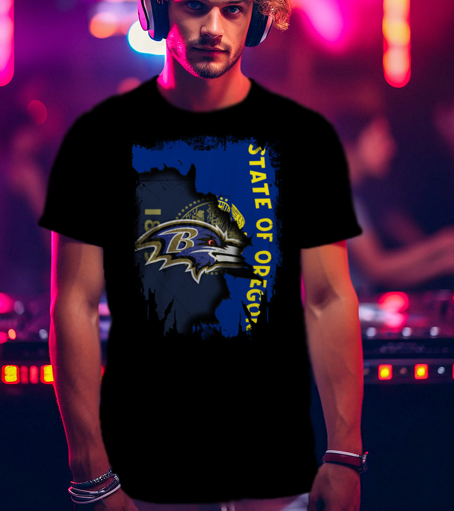 State Of Oregon With Baltimore Ravens Logo Overlay T-Shirt