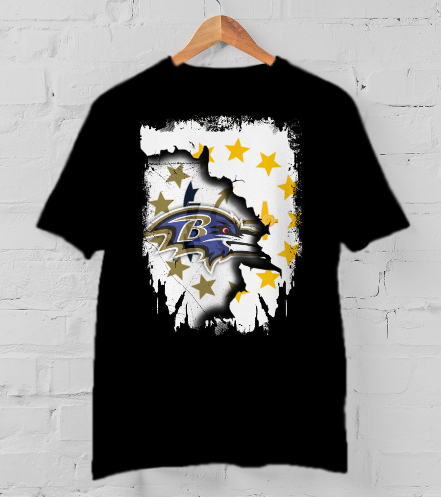 Rhode Island Map With Baltimore Ravens Logo And Stars T-Shirt