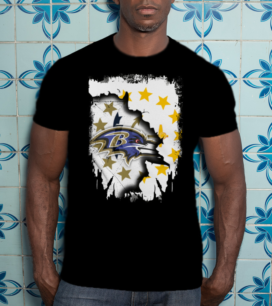 Rhode Island Map With Baltimore Ravens Logo And Stars T-Shirt