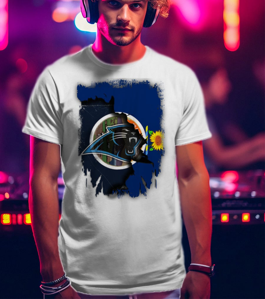 Kansas Sunflower With Carolina Panthers Logo Fusion T-Shirt