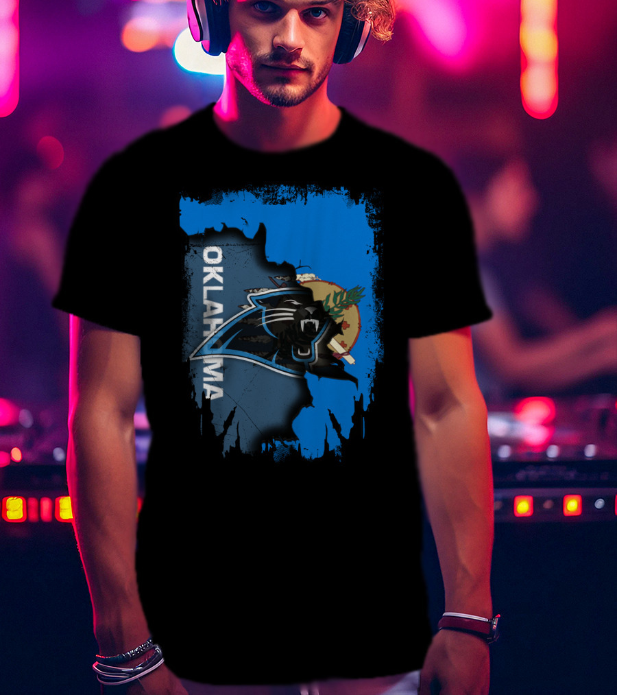 Oklahoma Collaboration With Carolina Panthers Logo And State Flag Elements T-Shirt