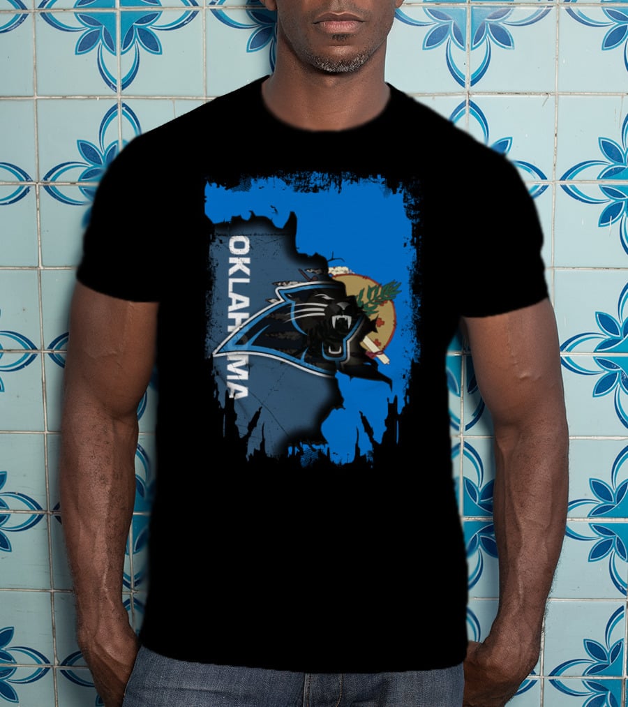 Oklahoma Collaboration With Carolina Panthers Logo And State Flag Elements T-Shirt