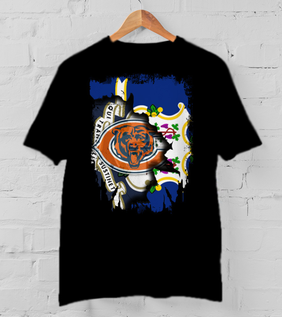 Connecticut State Flag Blended With Chicago Bears T-Shirt