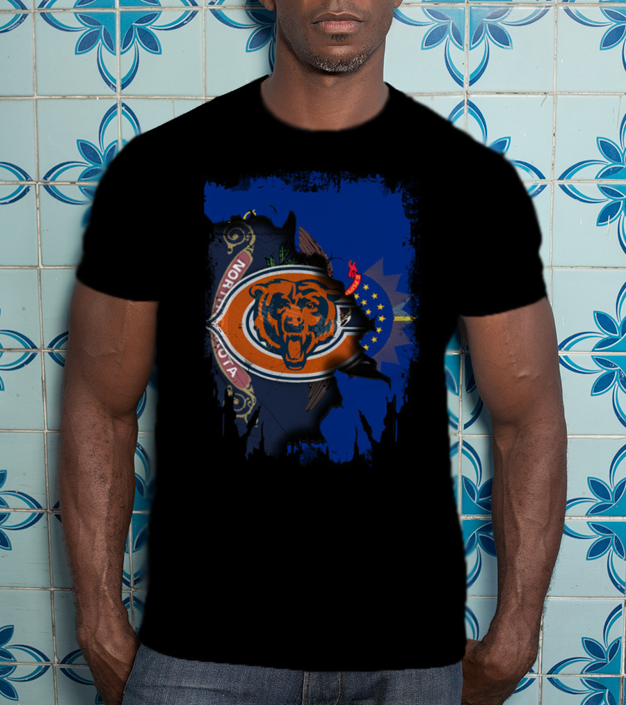 North Dakota Flag With Chicago Bears Logo Fusion T-Shirt