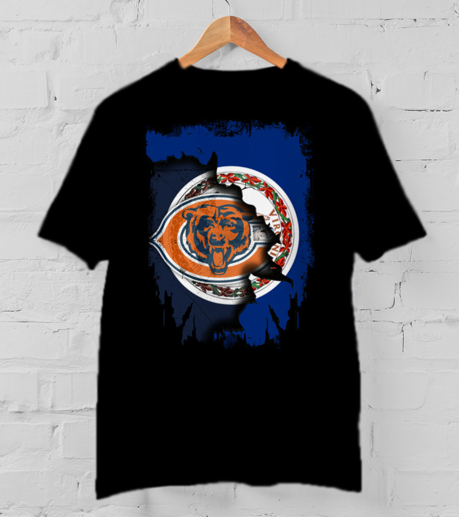 Virginia State Meets Chicago Bears Emblem In Torn Detail T-Shirt