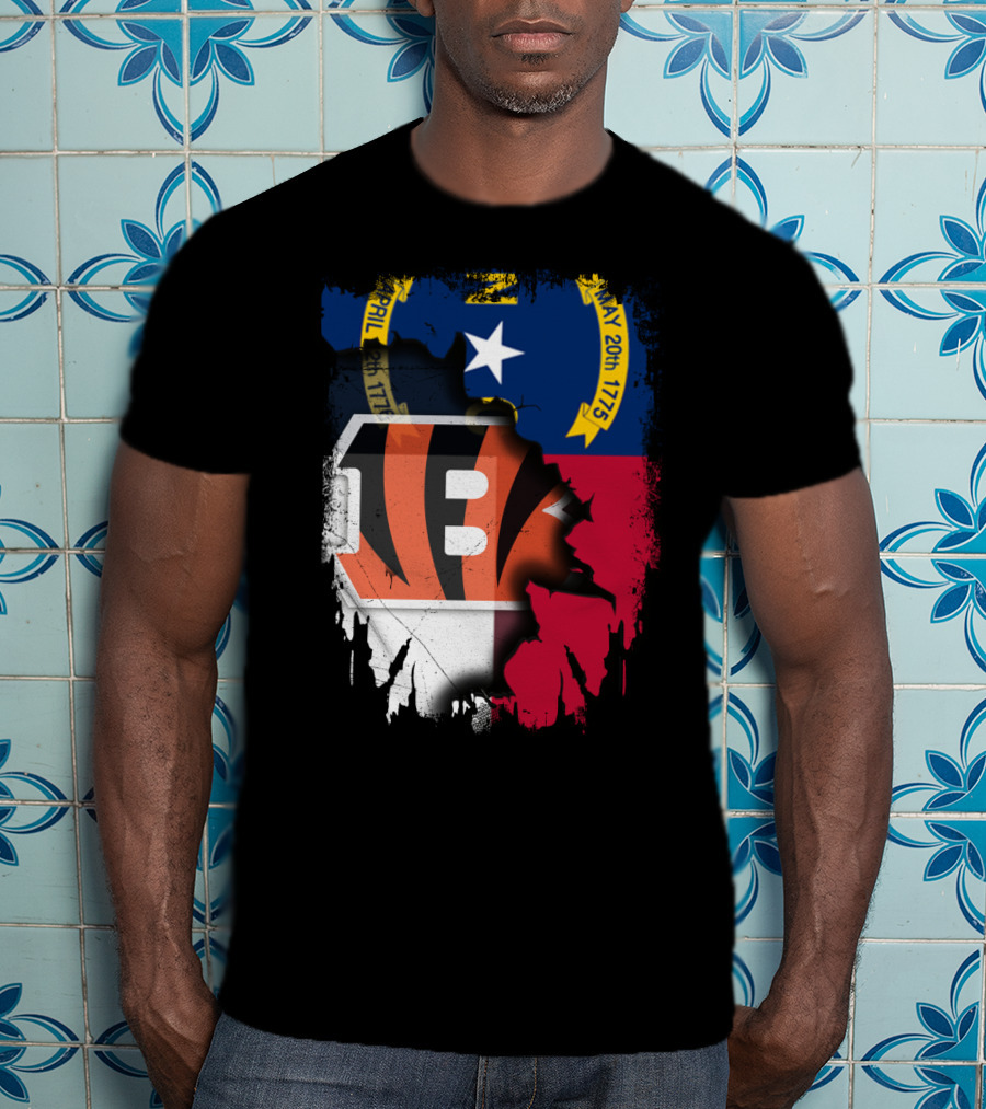North Carolina State Flag Blended With Bengals Team T-Shirt