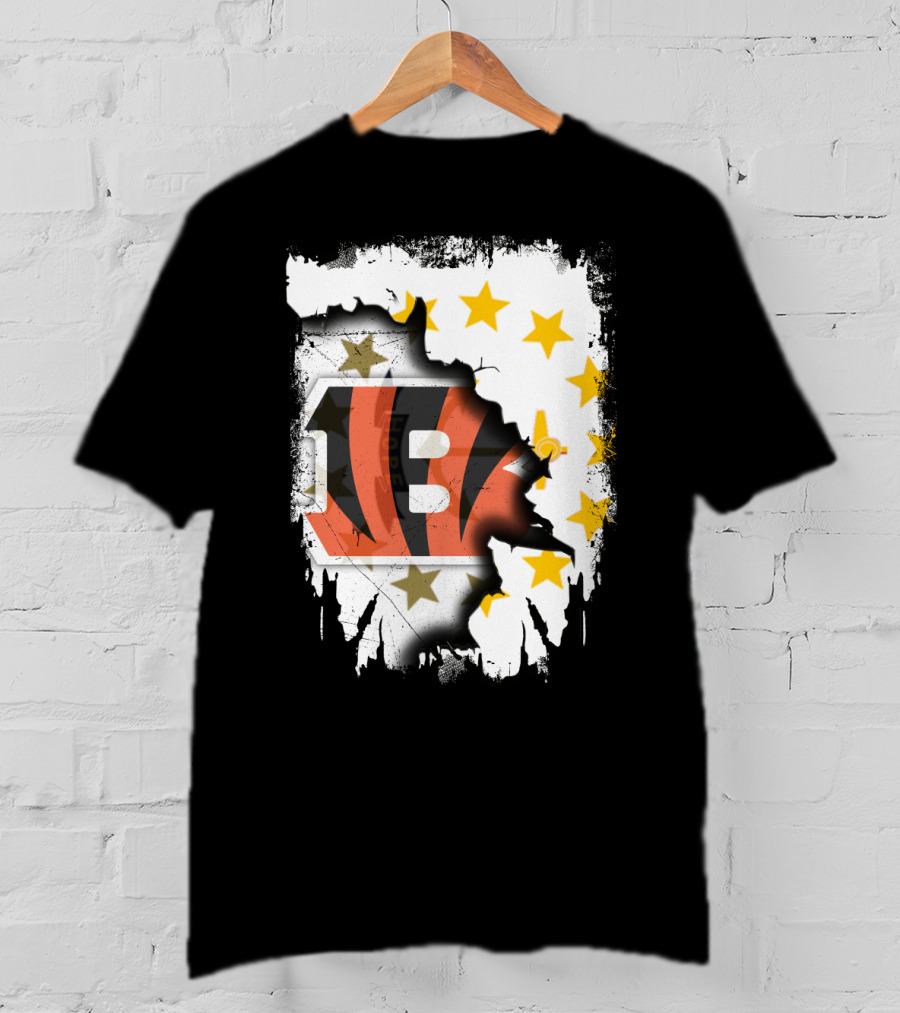 Rhode Island Map With Cincinnati Bengals Logo And Stars T-Shirt
