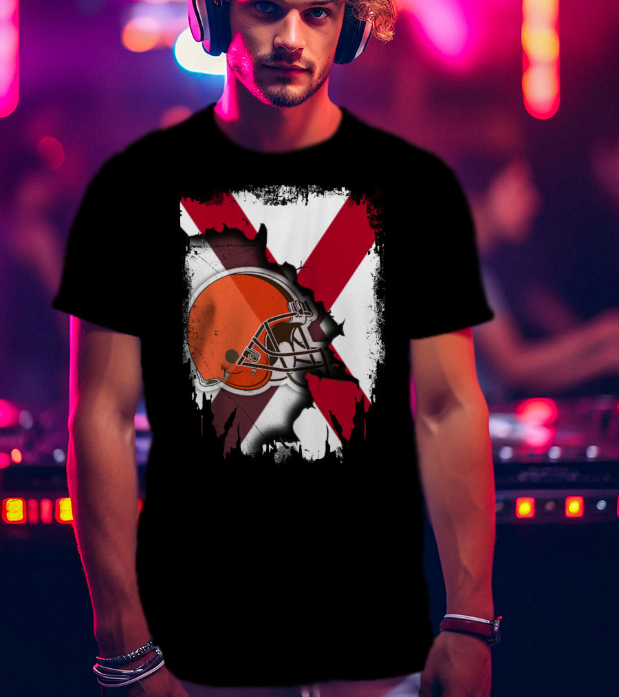 Alabama Browns Helmet Crossover On Distressed Crimson And White Background T-Shirt