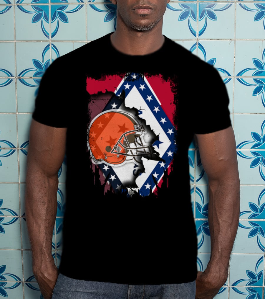 Together Arkansas Flag Tattered With Browns Helmet T-Shirt