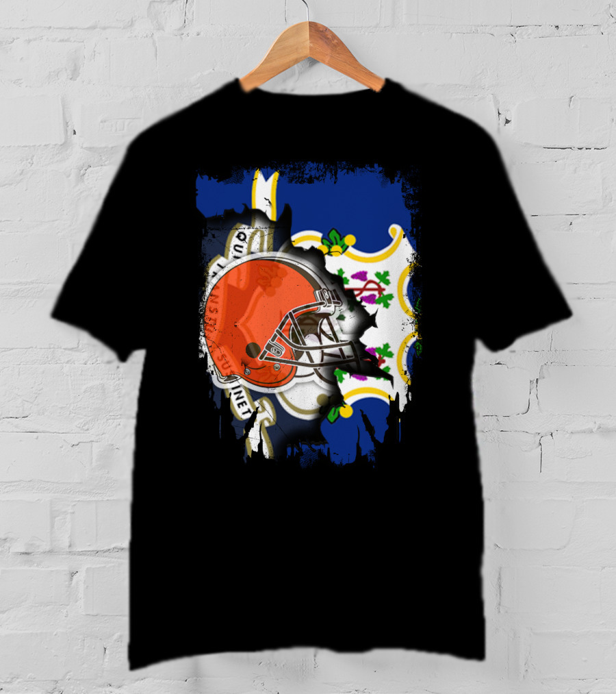 Cleveland Browns Helmet Over Connecticut State Flag T-Shirt