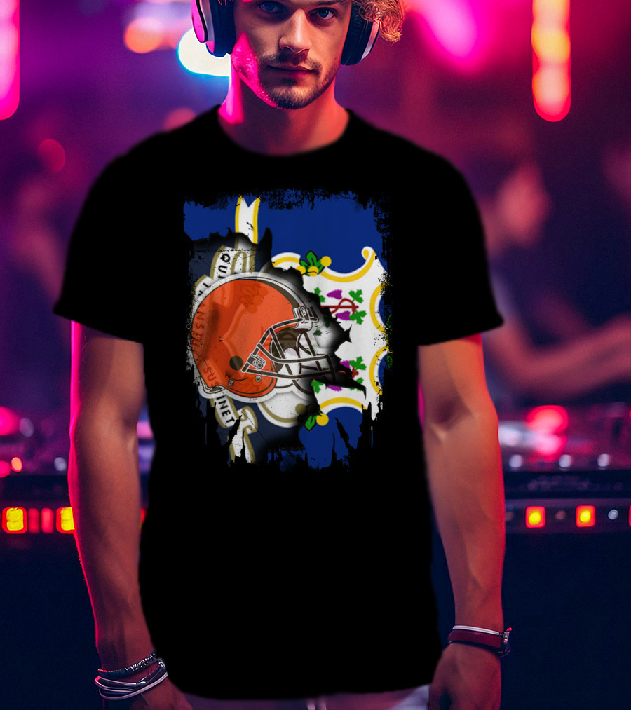 Cleveland Browns Helmet Over Connecticut State Flag T-Shirt