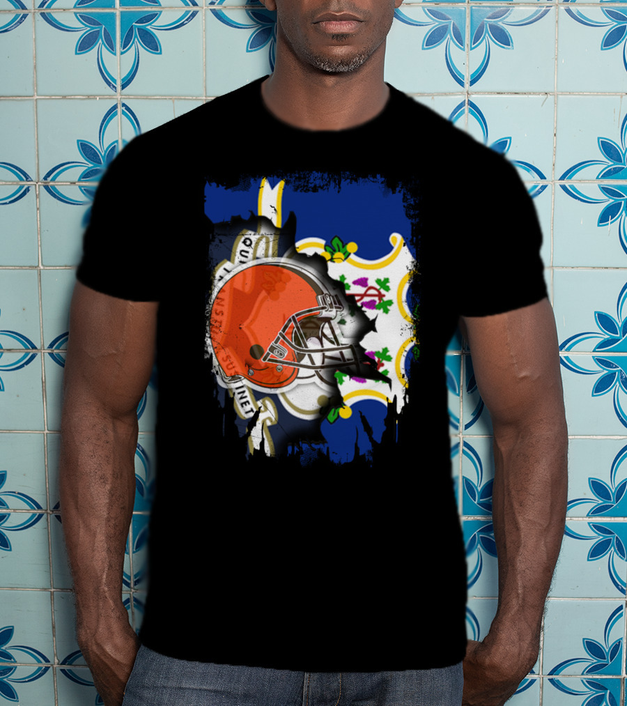 Cleveland Browns Helmet Over Connecticut State Flag T-Shirt