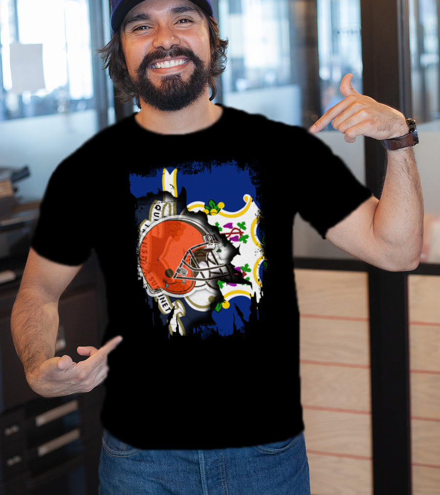 Cleveland Browns Helmet Over Connecticut State Flag T-Shirt