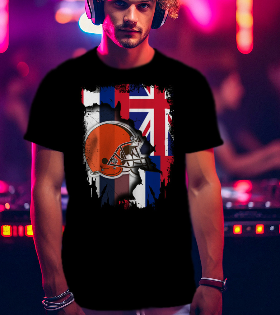 Hawaii Collaboration With Cleveland Browns Helmet And Flag T-Shirt