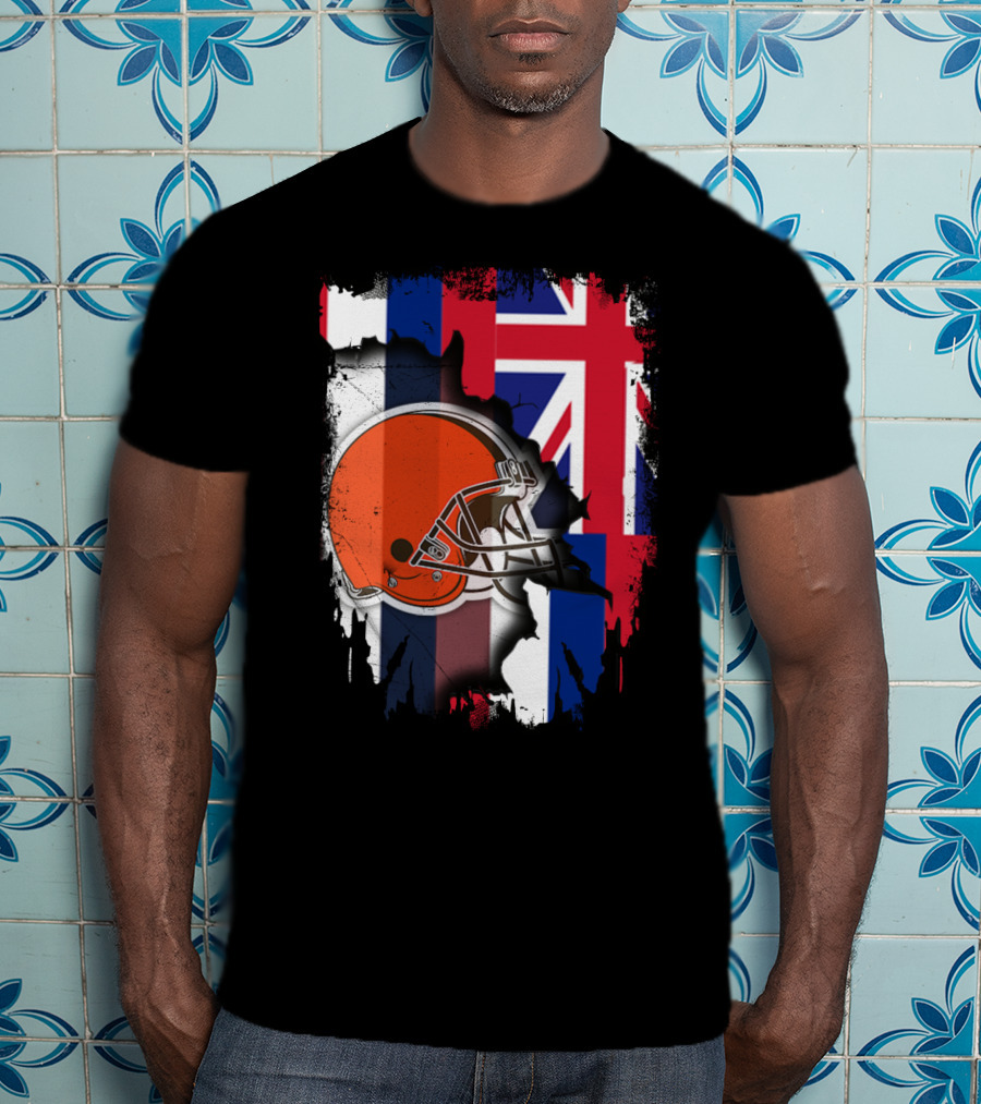 Hawaii Collaboration With Cleveland Browns Helmet And Flag T-Shirt