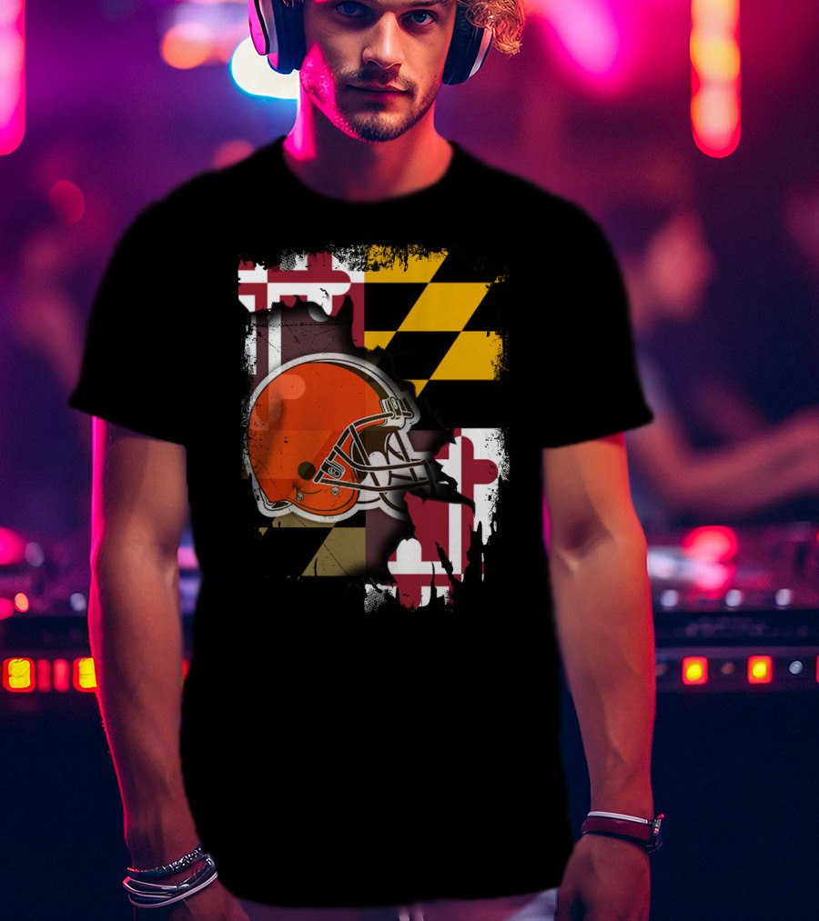 Maryland Flag With Cleveland Browns Helmet T-Shirt