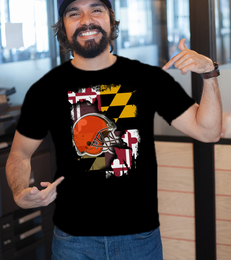 Maryland Flag With Cleveland Browns Helmet T-Shirt