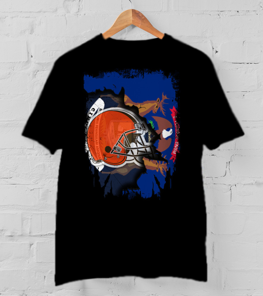 Michigan State Seal Behind Cleveland Browns Helmet Football T-Shirt