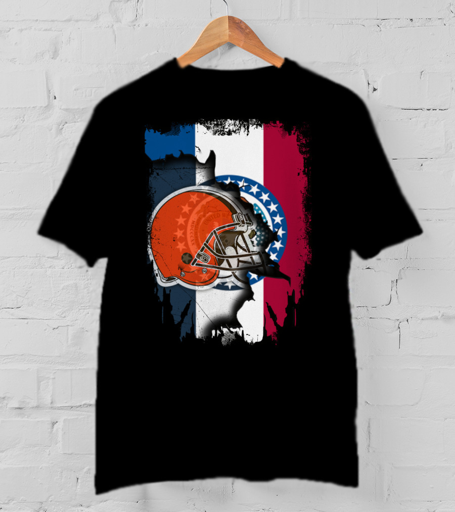 Cleveland Browns Helmet Over Missouri Flag Background T-Shirt