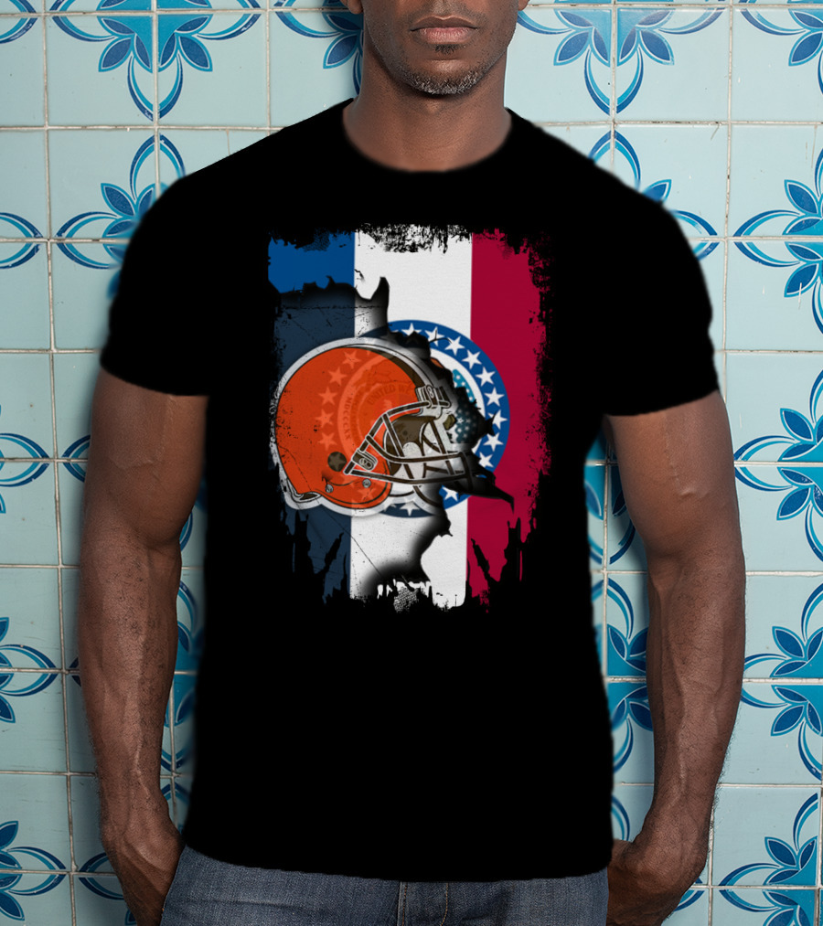 Cleveland Browns Helmet Over Missouri Flag Background T-Shirt