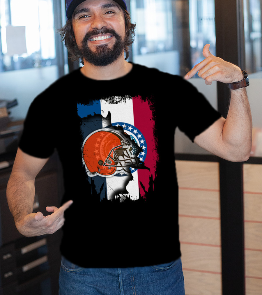 Cleveland Browns Helmet Over Missouri Flag Background T-Shirt