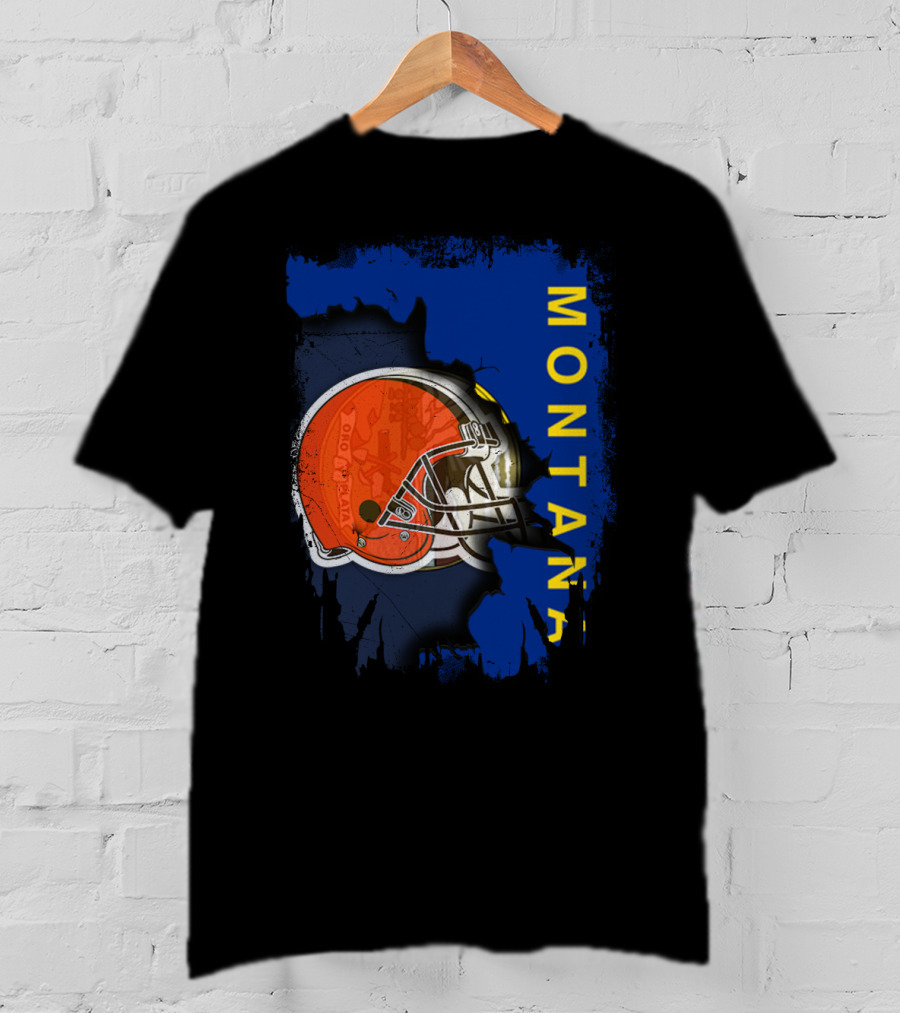 Montana Collaboration With Orange Football Helmet Browns Connection T-Shirt
