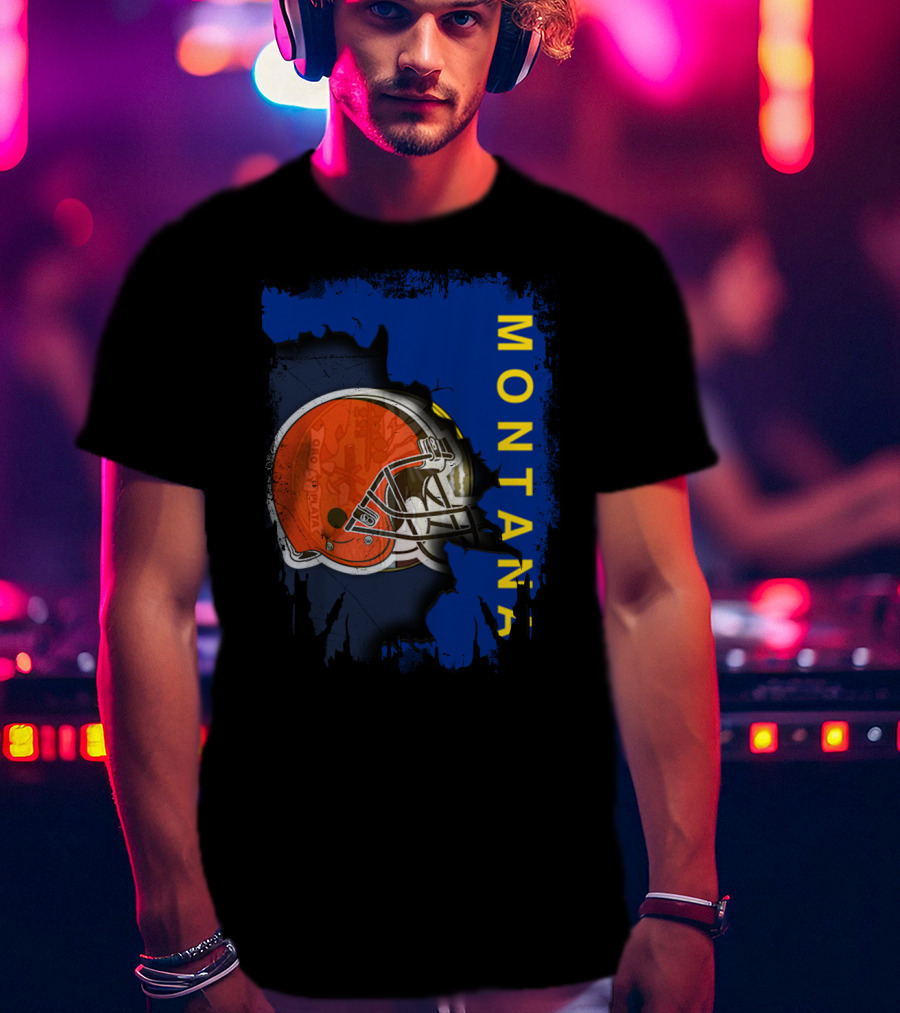 Montana Collaboration With Orange Football Helmet Browns Connection T-Shirt