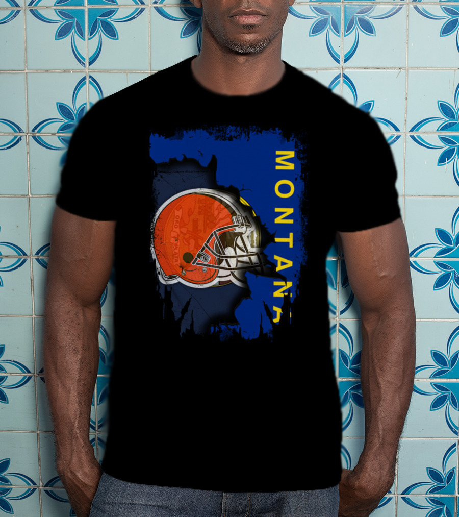 Montana Collaboration With Orange Football Helmet Browns Connection T-Shirt