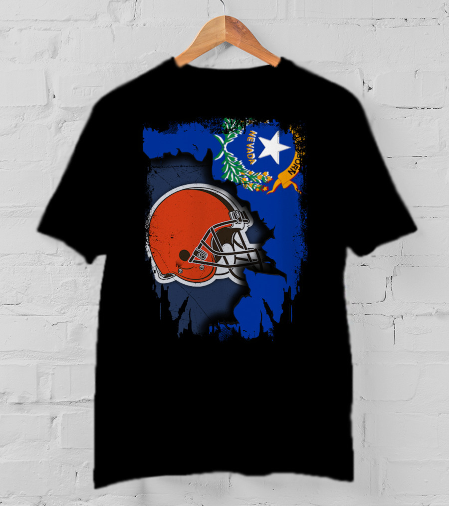 Nevada State Flag With Cleveland Browns Helmet Fusion T-Shirt