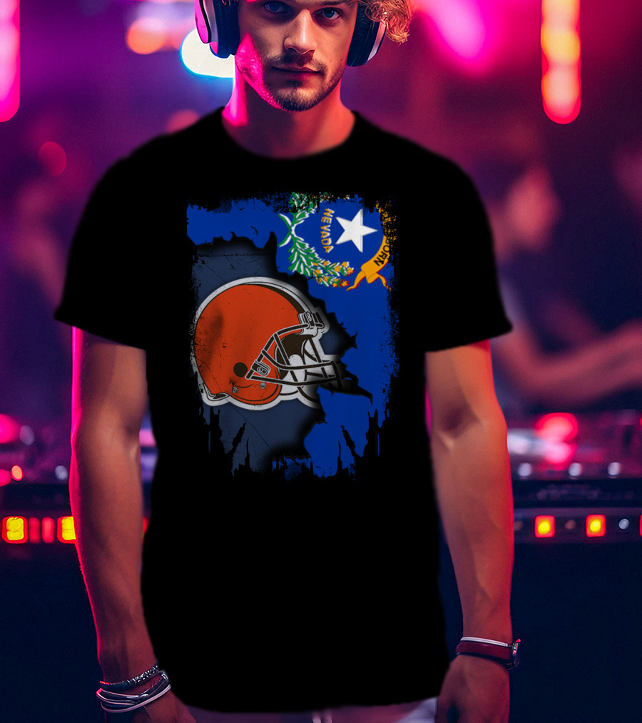 Nevada State Flag With Cleveland Browns Helmet Fusion T-Shirt
