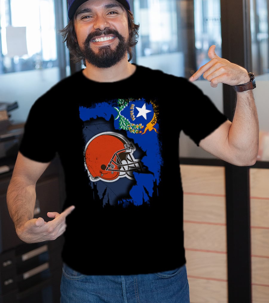 Nevada State Flag With Cleveland Browns Helmet Fusion T-Shirt