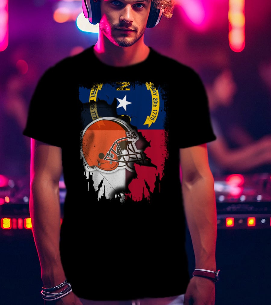 North Carolina State Flag Blended With Cleveland Browns Helmet T-Shirt