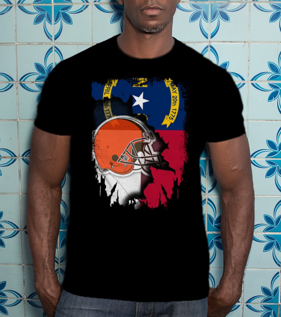 North Carolina State Flag Blended With Cleveland Browns Helmet T-Shirt