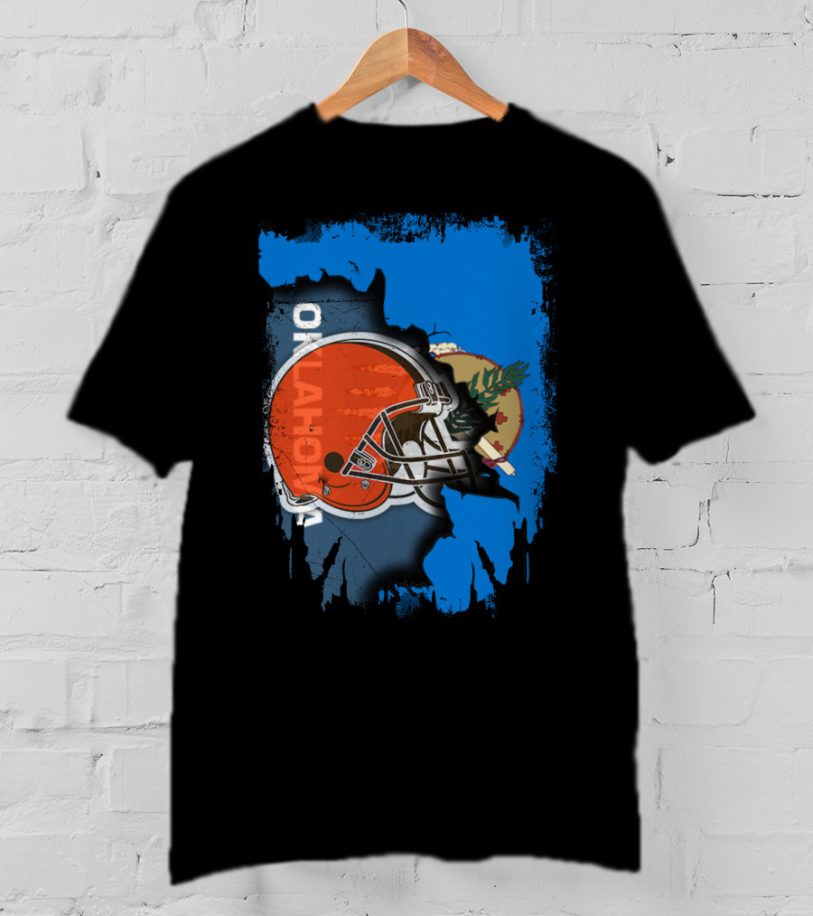 Oklahoma Browns Helmet Over State Flag T-Shirt