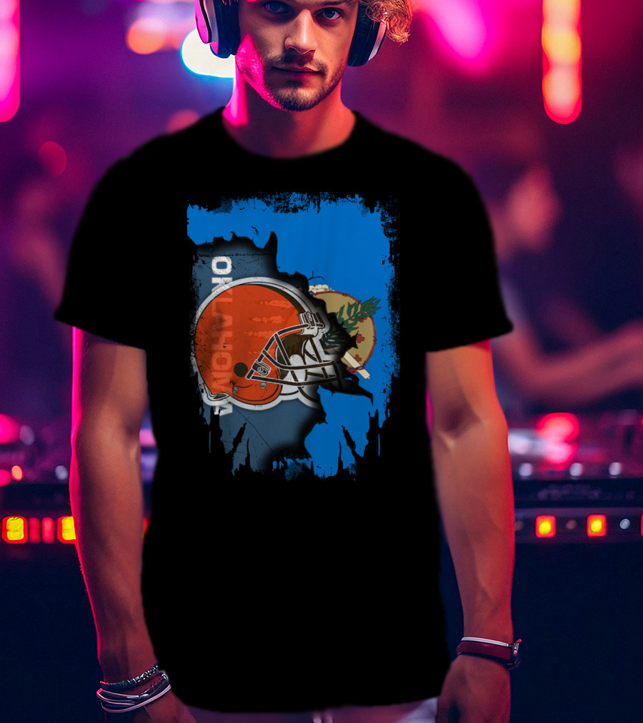 Oklahoma Browns Helmet Over State Flag T-Shirt