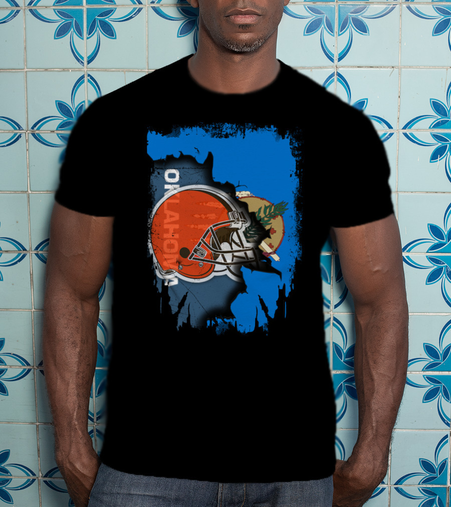 Oklahoma Browns Helmet Over State Flag T-Shirt