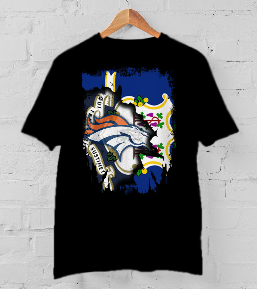 Connecticut And Broncos Logo Fusion With State Motto Motif T-Shirt