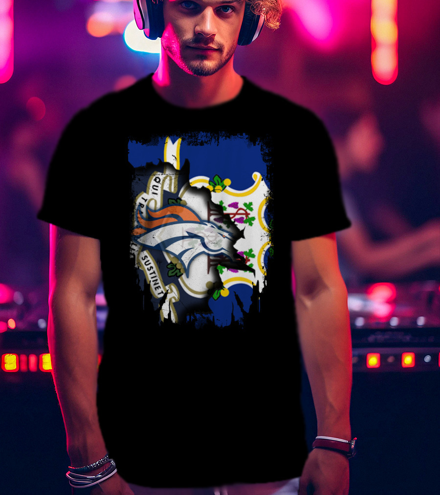 Connecticut And Broncos Logo Fusion With State Motto Motif T-Shirt