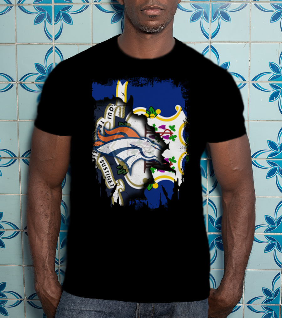 Connecticut And Broncos Logo Fusion With State Motto Motif T-Shirt
