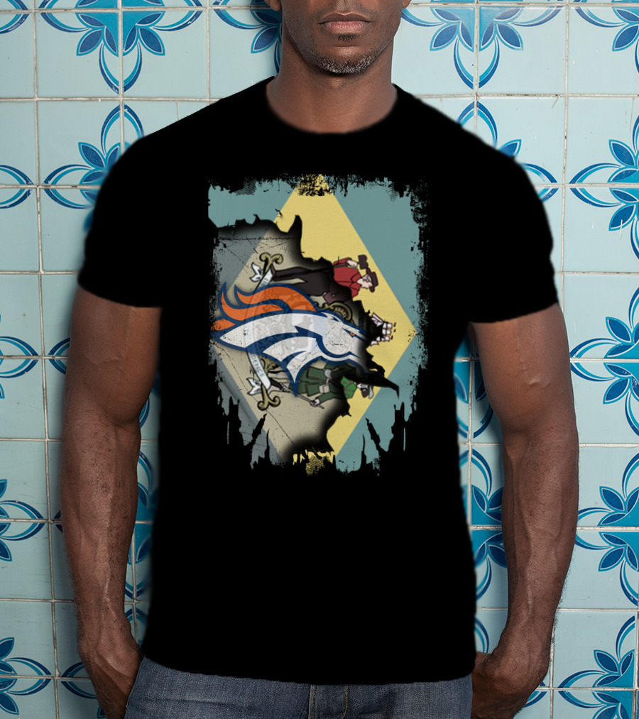 Delaware State Flag With Broncos Horse Logo Collaboration T-Shirt