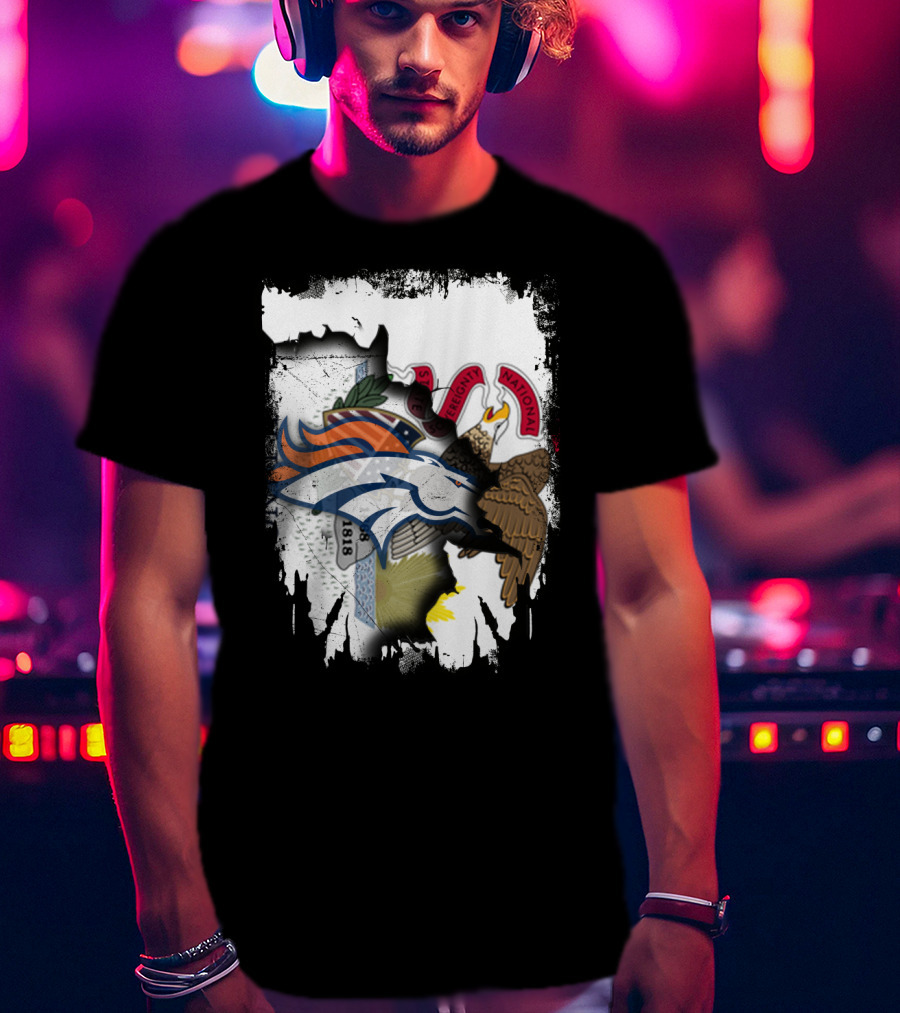 Illinois Flag Background With Denver Broncos Logo Collaboration T-Shirt