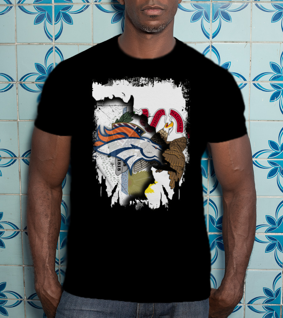 Illinois Flag Background With Denver Broncos Logo Collaboration T-Shirt