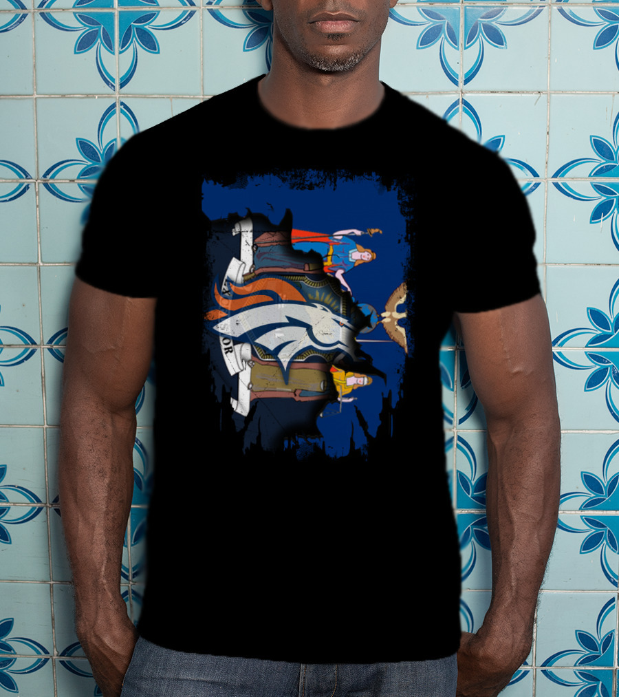 New York State Crest Overlaid With Broncos Logo Together T-Shirt