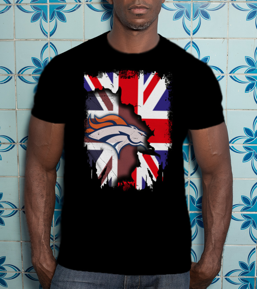 United Kingdom Flag With Broncos Logo Fusion T-Shirt